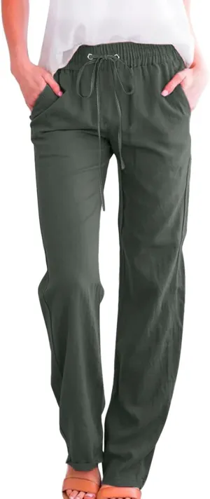 Womens Linen Summer Casual Pant Trousers Elastic Waist Long Lounge Slim Fit Palazzo Pants Trendy
