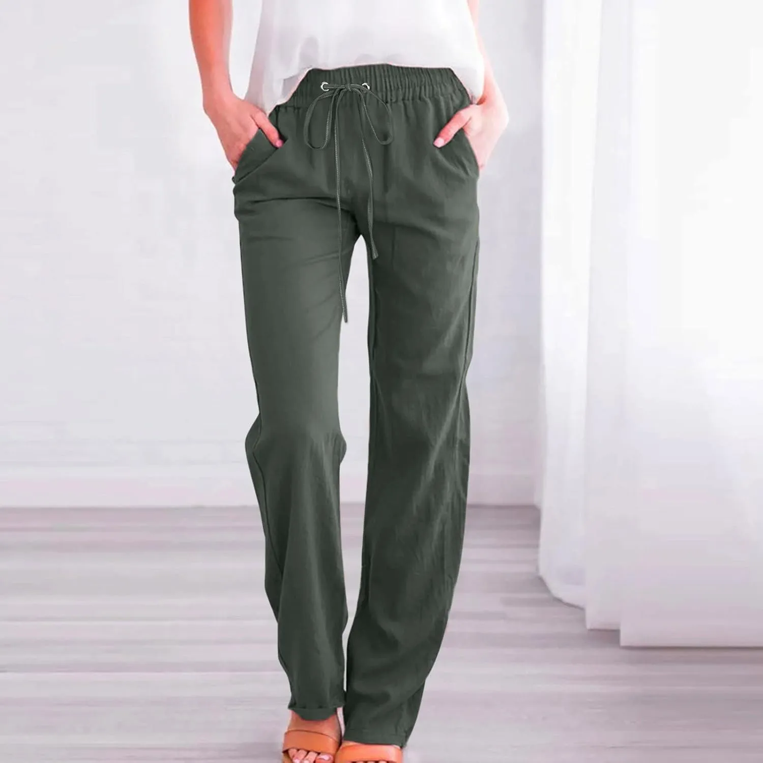 Womens Linen Summer Casual Pant Trousers Elastic Waist Long Lounge Slim Fit Palazzo Pants Trendy