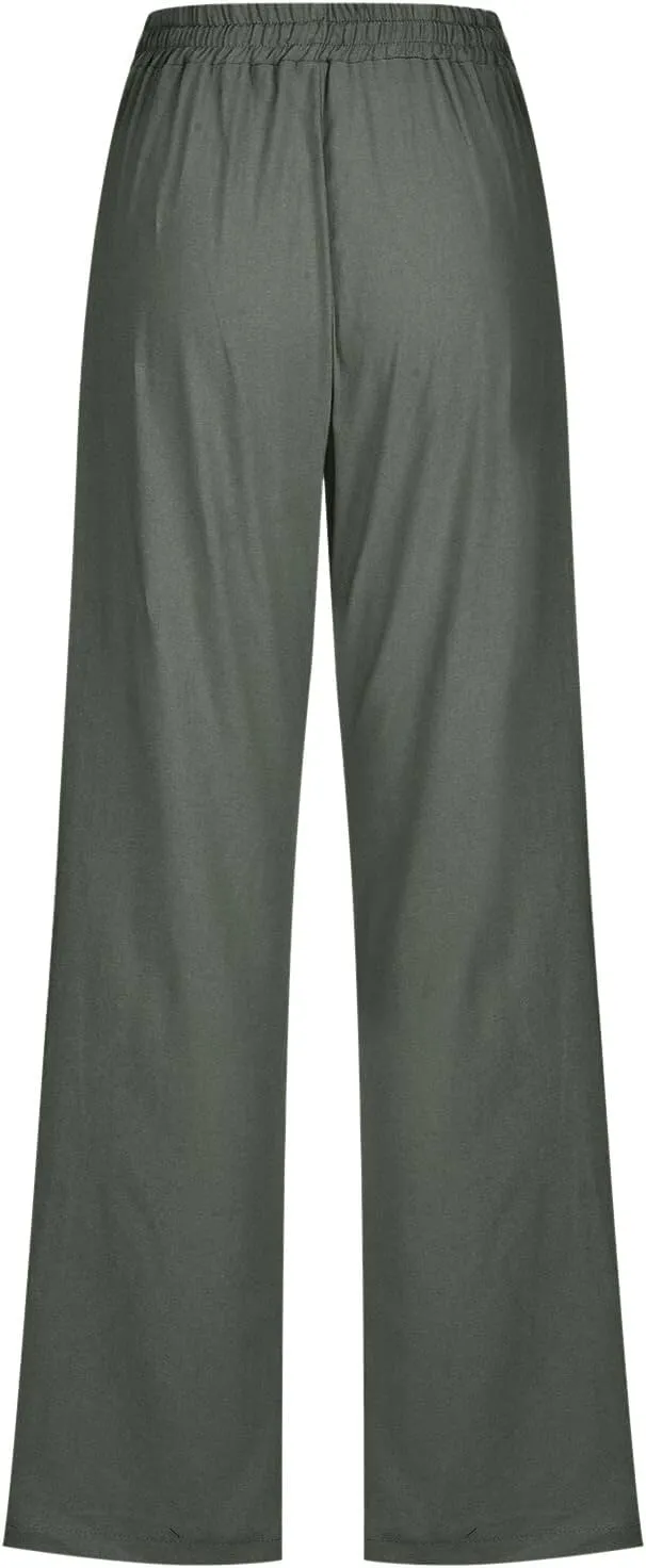 Womens Linen Summer Casual Pant Trousers Elastic Waist Long Lounge Slim Fit Palazzo Pants Trendy