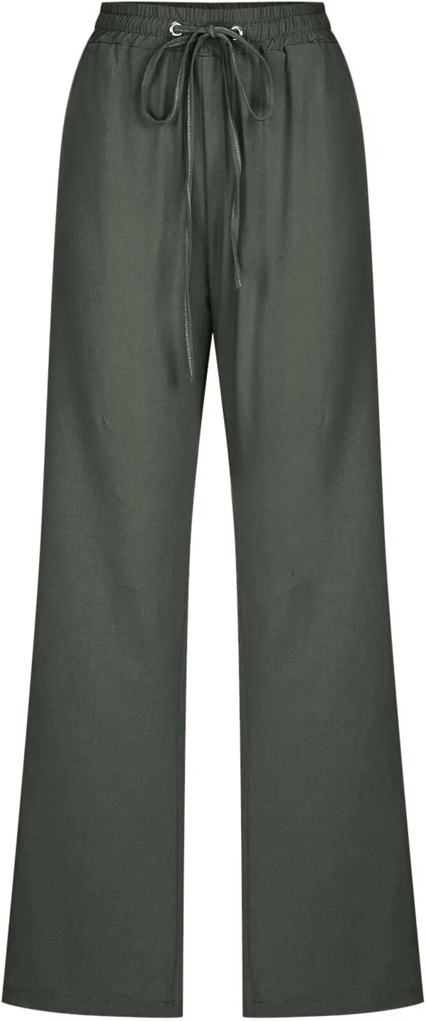 Womens Linen Summer Casual Pant Trousers Elastic Waist Long Lounge Slim Fit Palazzo Pants Trendy