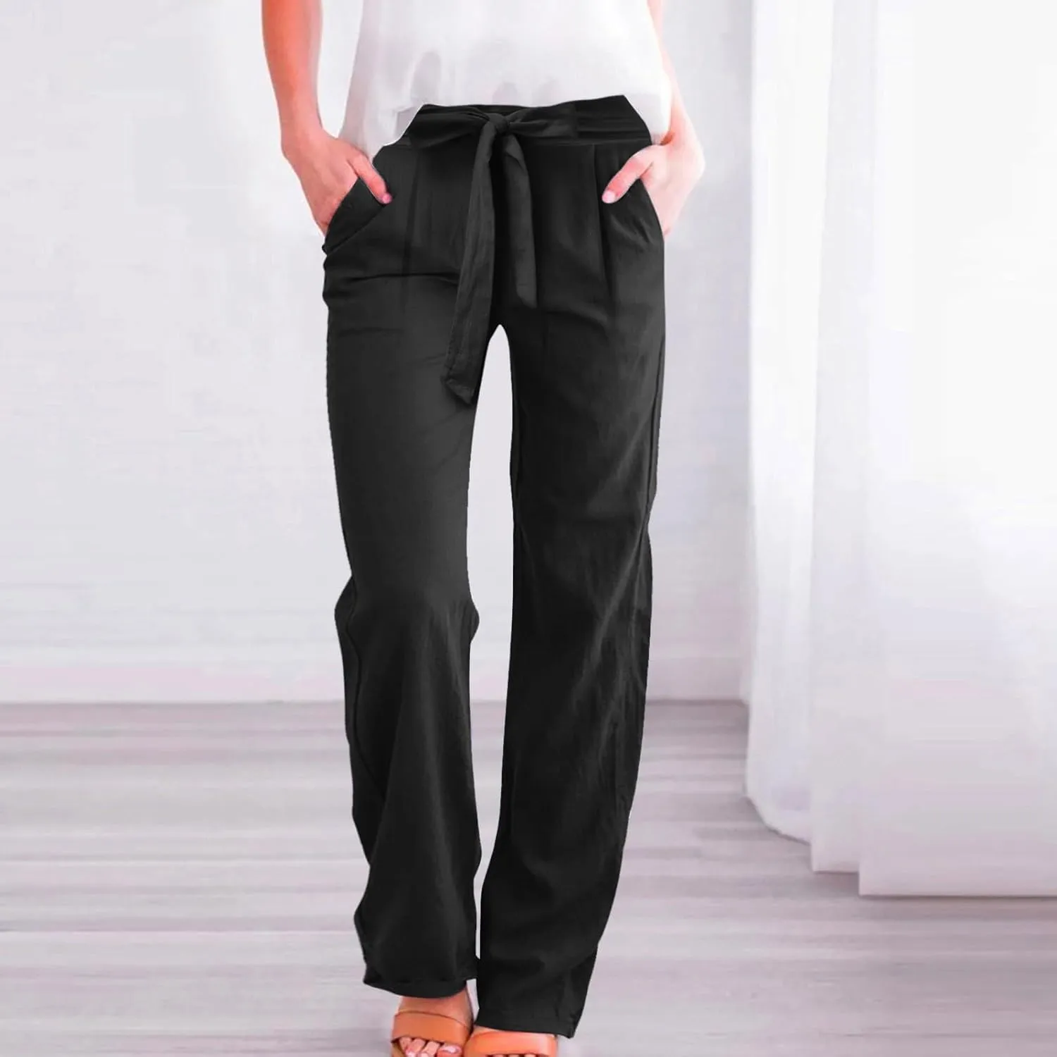 Womens Linen Summer Drawstring Pant Trousers Elastic Waisted Wide Leg Loose Fit Pants Beach