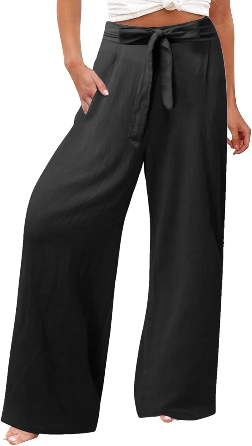 Womens Linen Summer Drawstring Pant Trousers Elastic Waisted Wide Leg Loose Fit Pants Beach