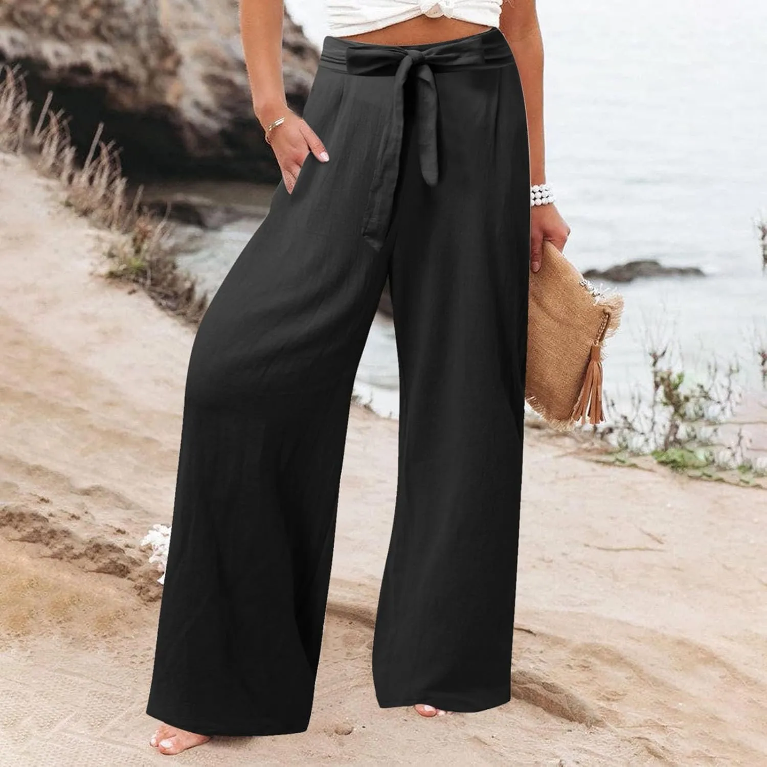 Womens Linen Summer Drawstring Pant Trousers Elastic Waisted Wide Leg Loose Fit Pants Beach