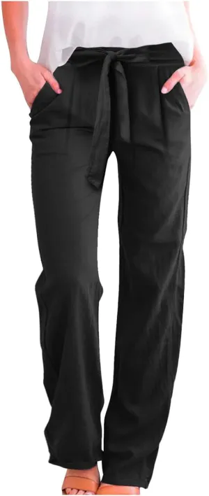 Womens Linen Summer Drawstring Pant Trousers Elastic Waisted Wide Leg Loose Fit Pants Beach