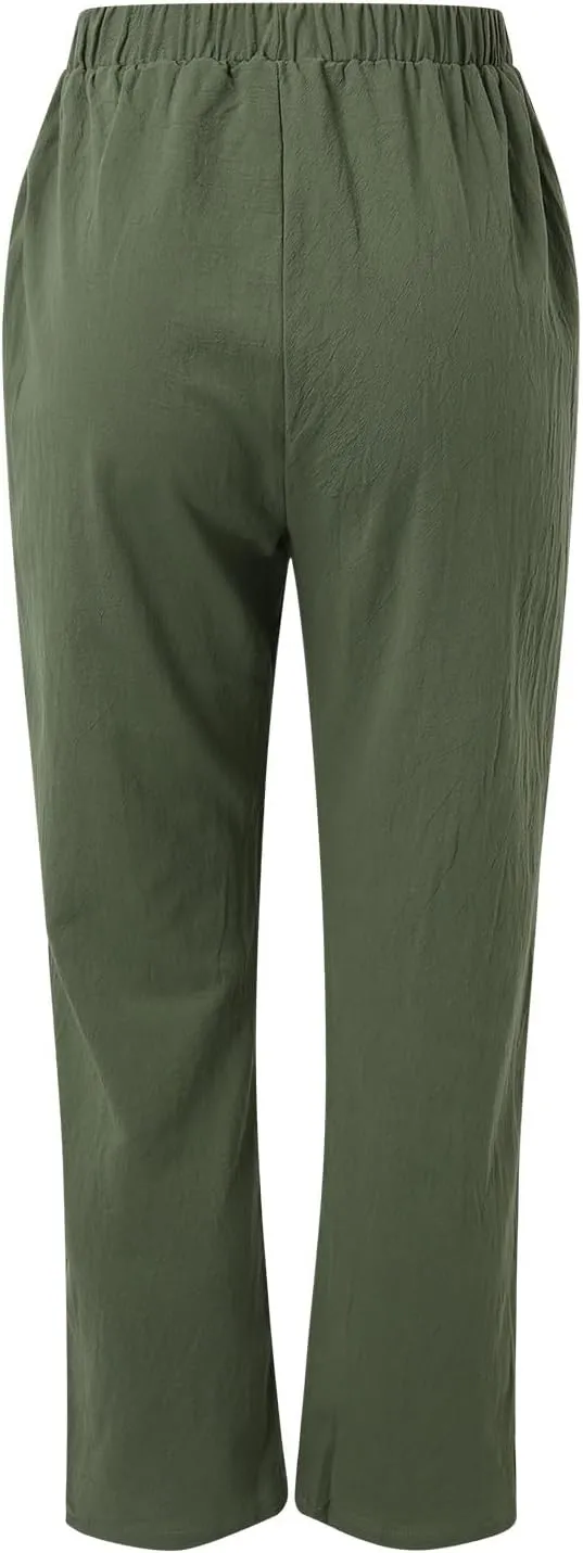 Women's Linen Summer Floral Pant Trousers Elastic Waist Wide Leg Slim-Fit Palazzo Pants Work Business
