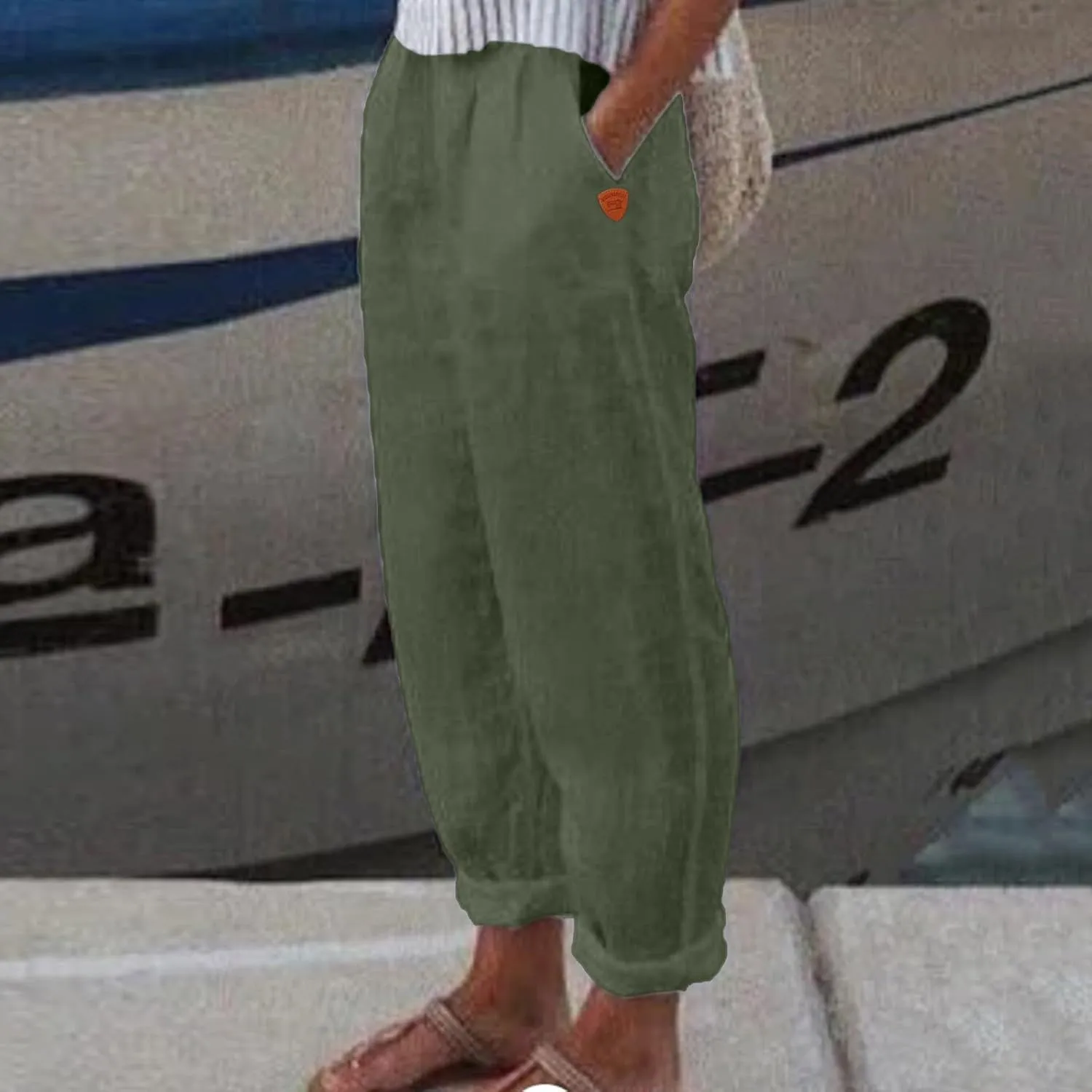 Women's Linen Summer Floral Pant Trousers Elastic Waist Wide Leg Slim-Fit Palazzo Pants Work Business