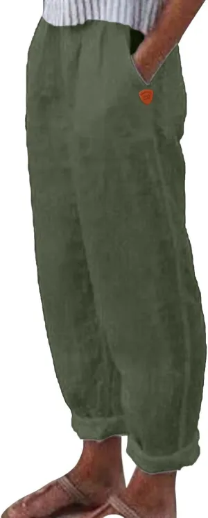 Women's Linen Summer Floral Pant Trousers Elastic Waist Wide Leg Slim-Fit Palazzo Pants Work Business