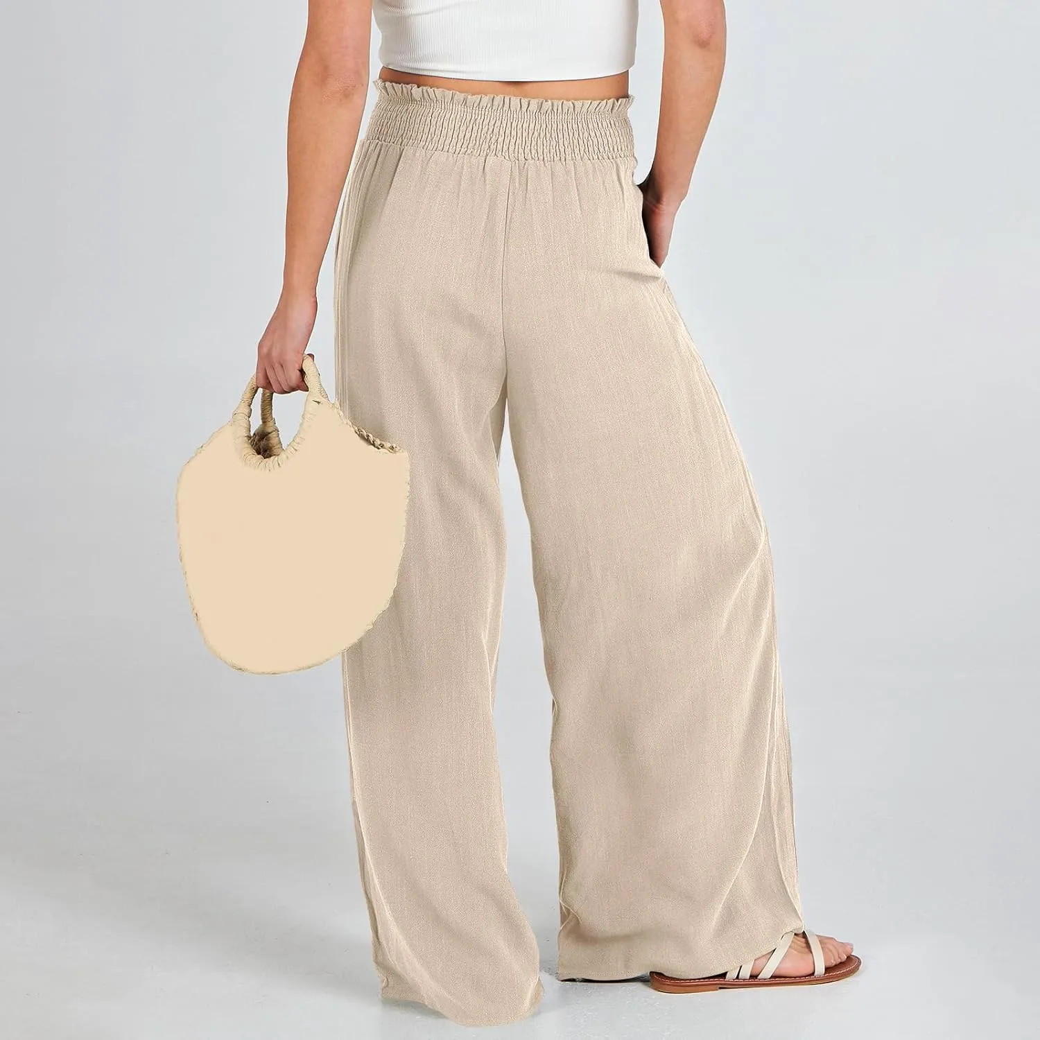 Womens Linen Summer Floral Pant Trousers Elastic Waisted Lounge Pants Plus Size Pants Travel