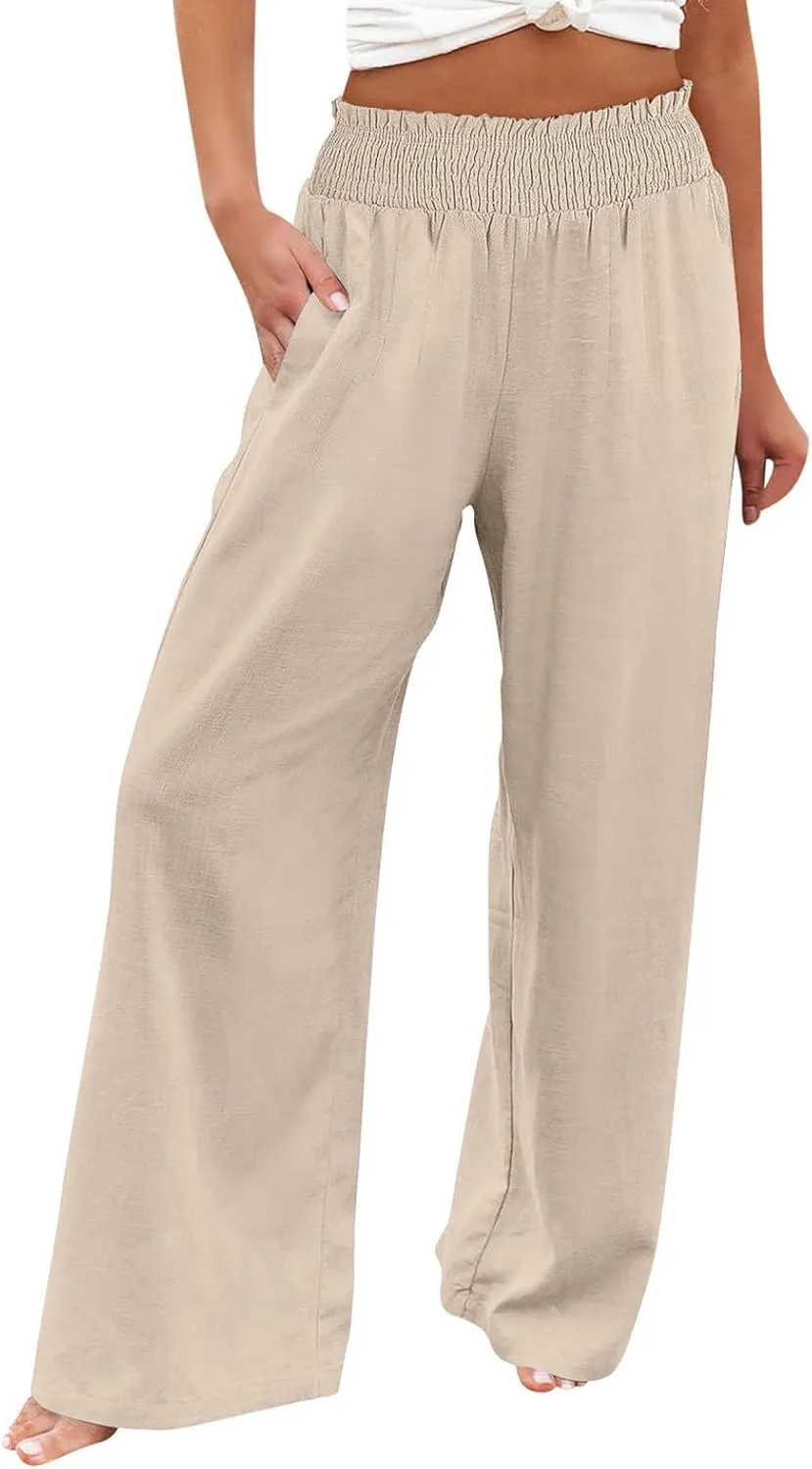 Womens Linen Summer Floral Pant Trousers Elastic Waisted Lounge Pants Plus Size Pants Travel