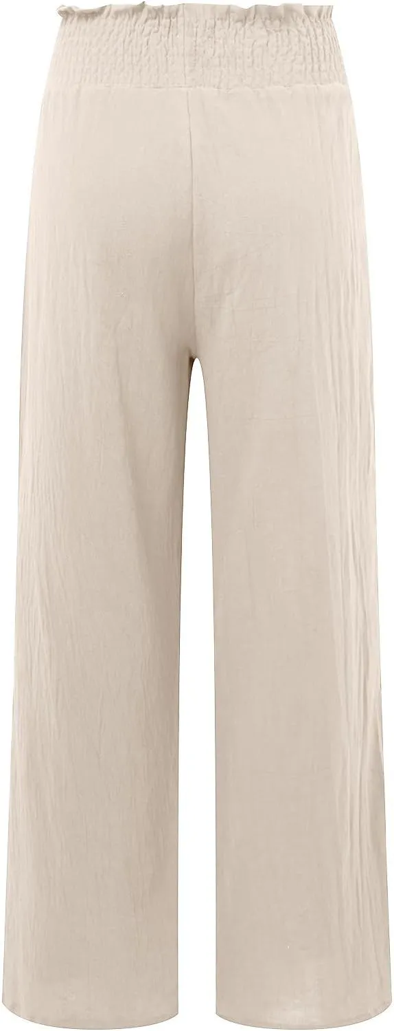 Womens Linen Summer Floral Pant Trousers Elastic Waisted Lounge Pants Plus Size Pants Travel