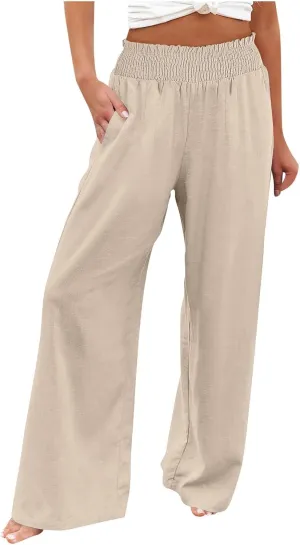Womens Linen Summer Floral Pant Trousers Elastic Waisted Lounge Pants Plus Size Pants Travel