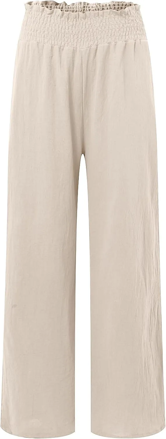 Womens Linen Summer Floral Pant Trousers Elastic Waisted Lounge Pants Plus Size Pants Travel