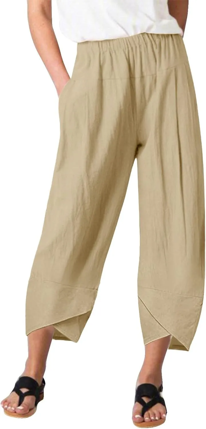 Women's Linen Summer Flowy Palazzo Pants Low Waist Bootcut Slim-Fit Palazzo Pants Work Business