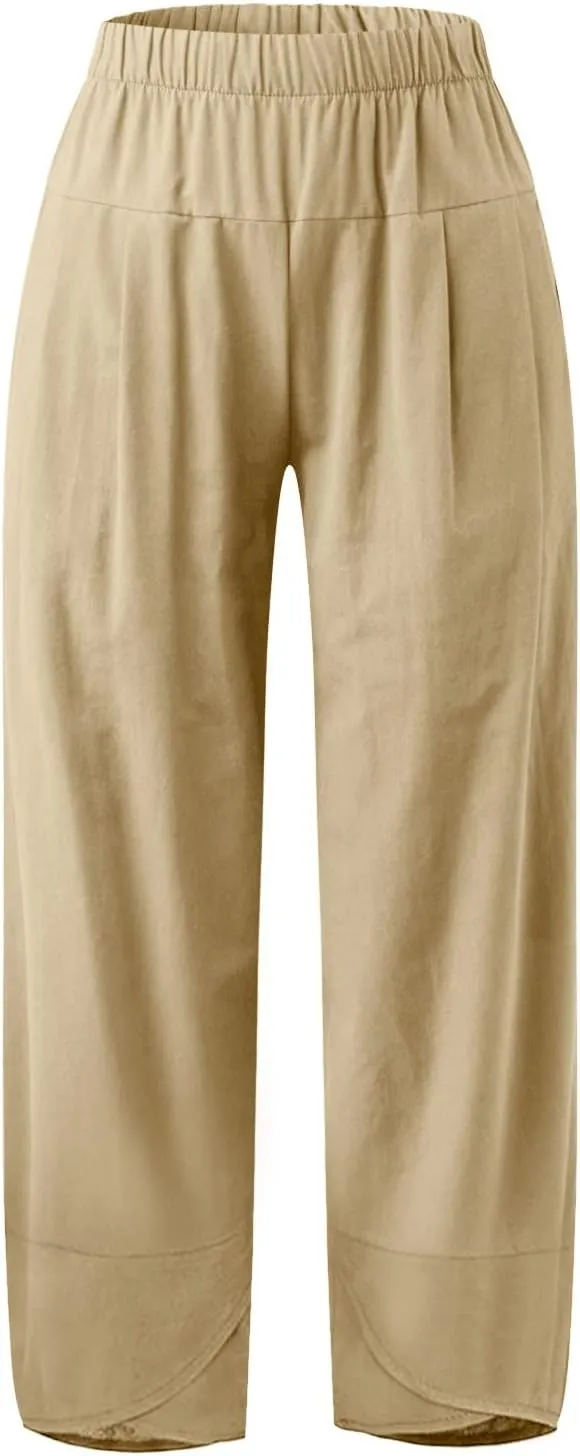 Women's Linen Summer Flowy Palazzo Pants Low Waist Bootcut Slim-Fit Palazzo Pants Work Business