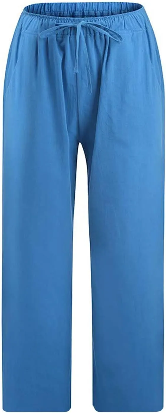 Womens Linen Summer Flowy Pants Elastic Waisted Ankle Length Plus Size Trouser Travel