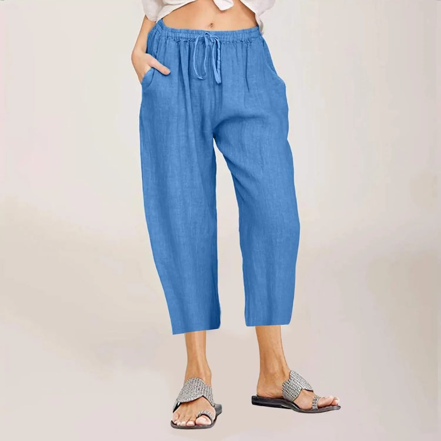 Womens Linen Summer Flowy Pants Elastic Waisted Ankle Length Plus Size Trouser Travel