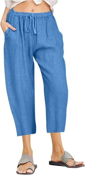 Womens Linen Summer Flowy Pants Elastic Waisted Ankle Length Plus Size Trouser Travel