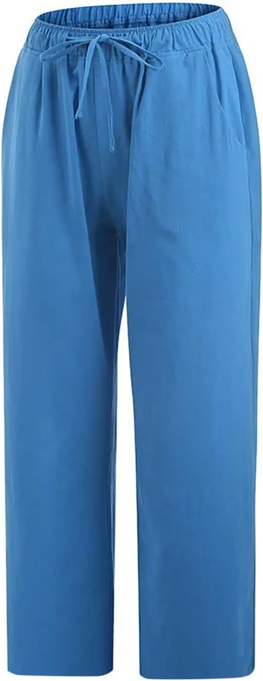 Womens Linen Summer Flowy Pants Elastic Waisted Ankle Length Plus Size Trouser Travel