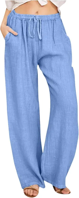 Women's Linen Summer Loose Flowy Pants Elastic Waisted Bootcut Slim-Fit Pant Trousers Beach