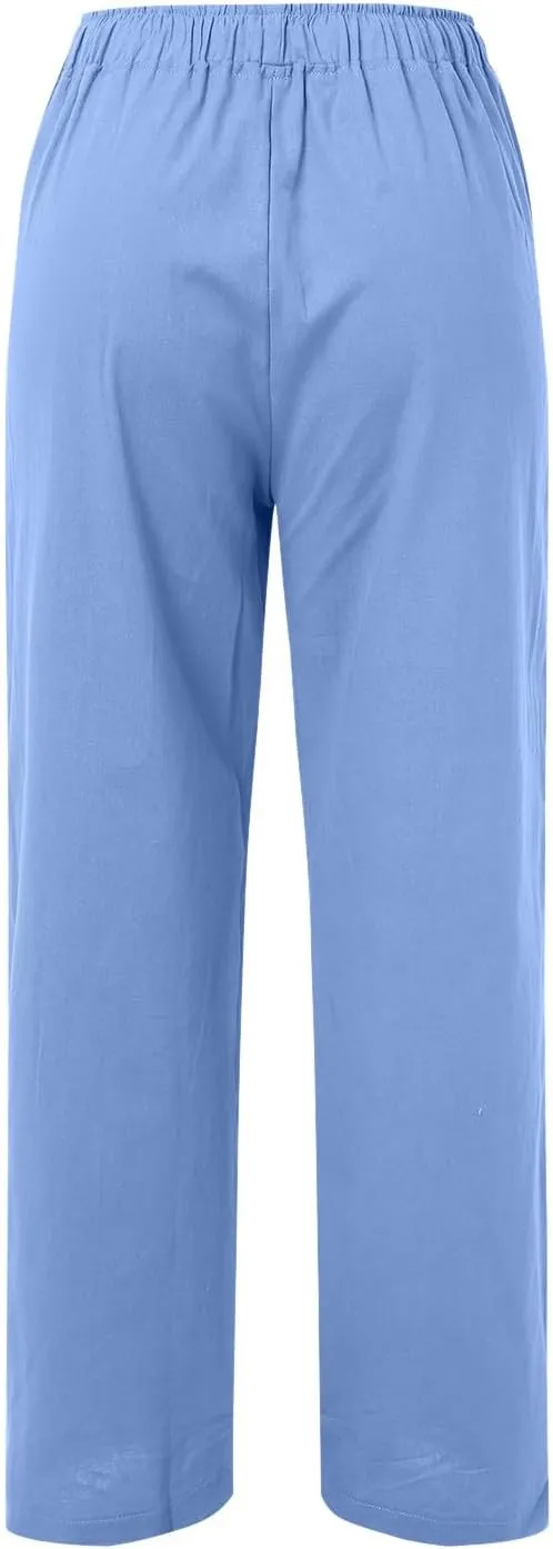 Women's Linen Summer Loose Flowy Pants Elastic Waisted Bootcut Slim-Fit Pant Trousers Beach