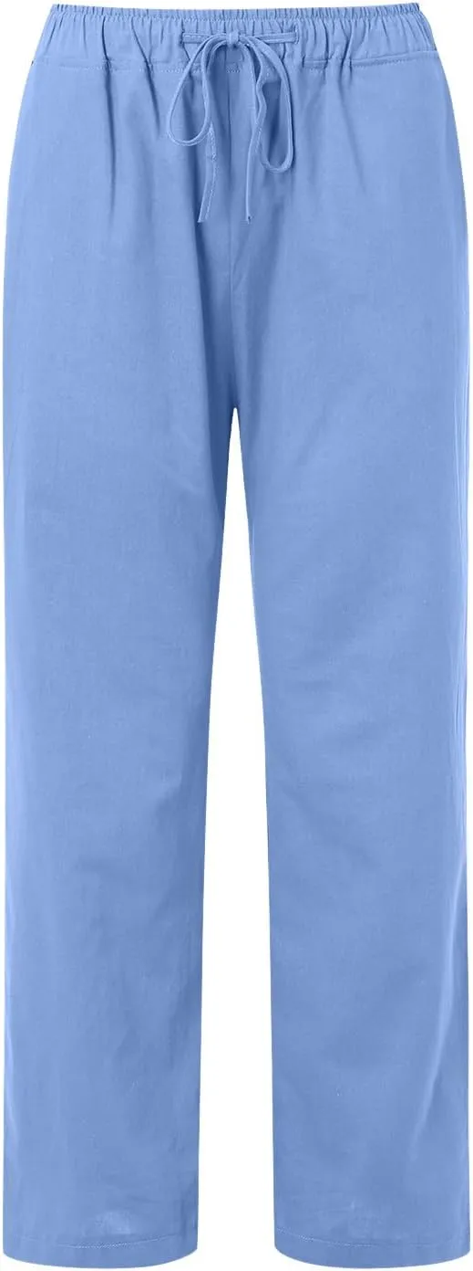 Women's Linen Summer Loose Flowy Pants Elastic Waisted Bootcut Slim-Fit Pant Trousers Beach