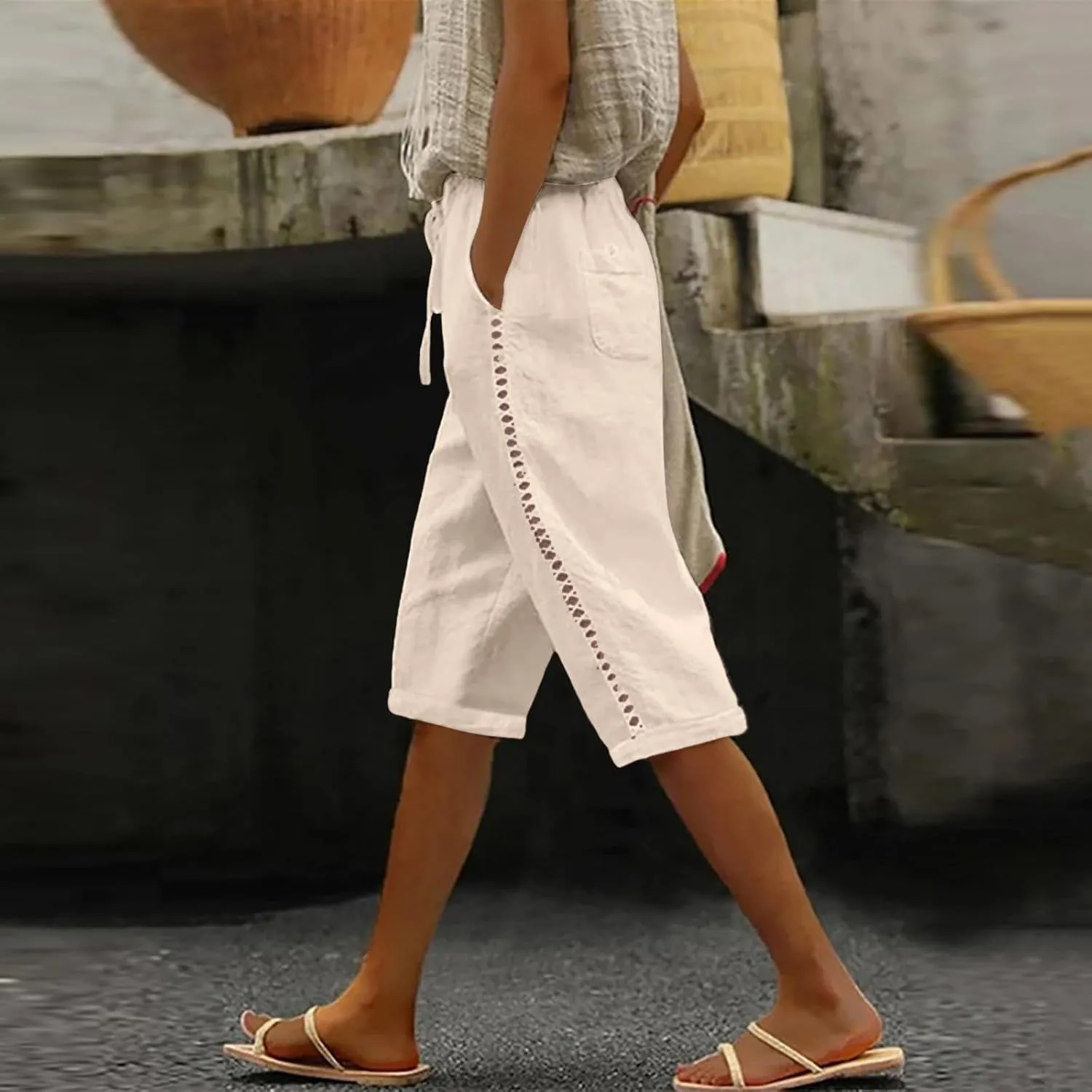 Women's Linen Summer Printed Palazzo Pants Elastic Waisted Wide Leg Slim Fit Pant Trousers Business Work