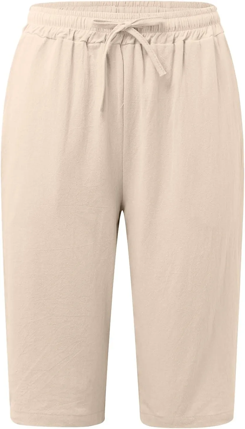 Women's Linen Summer Printed Palazzo Pants Elastic Waisted Wide Leg Slim Fit Pant Trousers Business Work