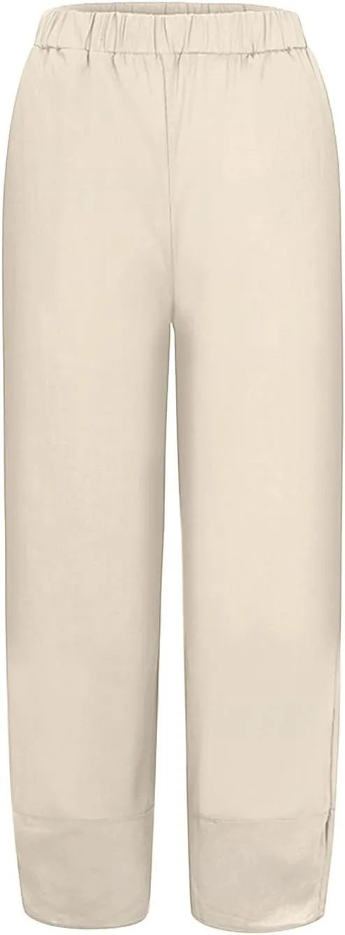 Women's Linen Summer Pull On Pants High Waist Ankle Length Loose Fit Palazzo Lounge Pants Beach