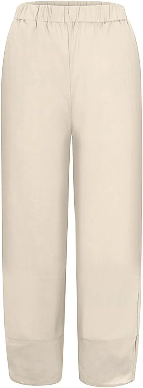 Women's Linen Summer Pull On Pants High Waist Ankle Length Loose Fit Palazzo Lounge Pants Beach