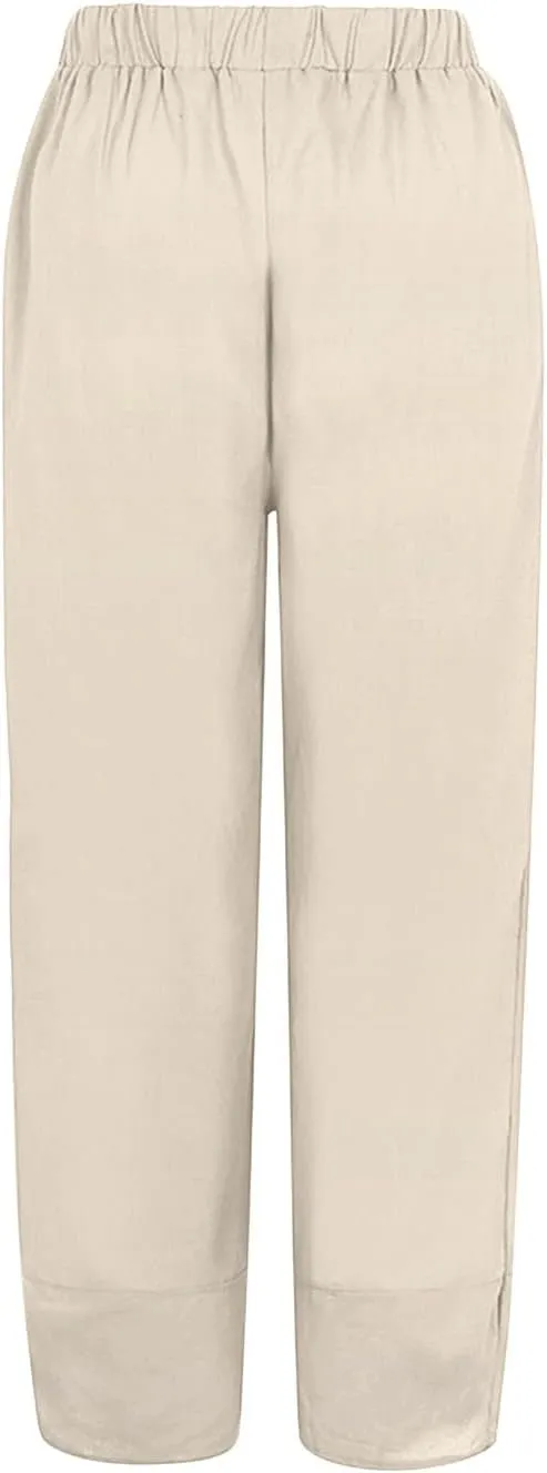 Women's Linen Summer Pull On Pants High Waist Ankle Length Loose Fit Palazzo Lounge Pants Beach