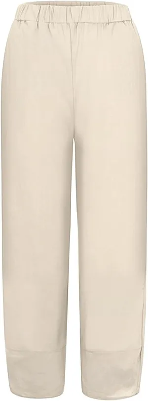 Women's Linen Summer Pull On Pants High Waist Ankle Length Loose Fit Palazzo Lounge Pants Beach