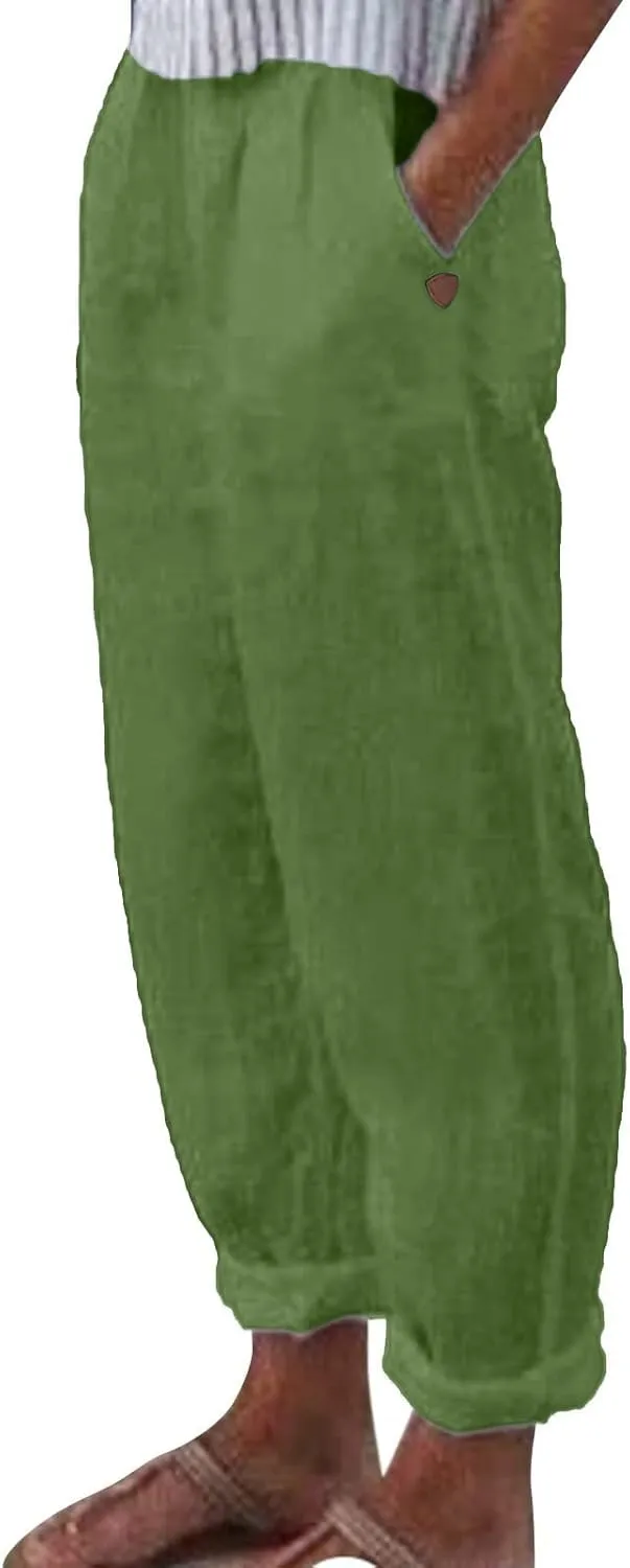 Womens Linen Summer Trendy Palazzo Pants High Waist Wide Leg Slim Fit Palazzo Pants Business Work