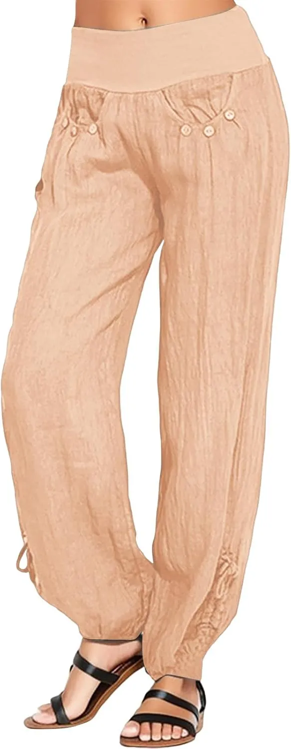 Womens Linen Summer Y2K Streetwear Palazzo Lounge Pants Low Waist Stretchy Plus Size Pants Beach