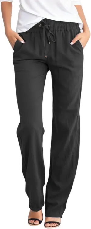 Women's Linen Summer Y2K Streetwear Pants Elastic Waisted Wide Leg Loose Fit Palazzo Pants Office