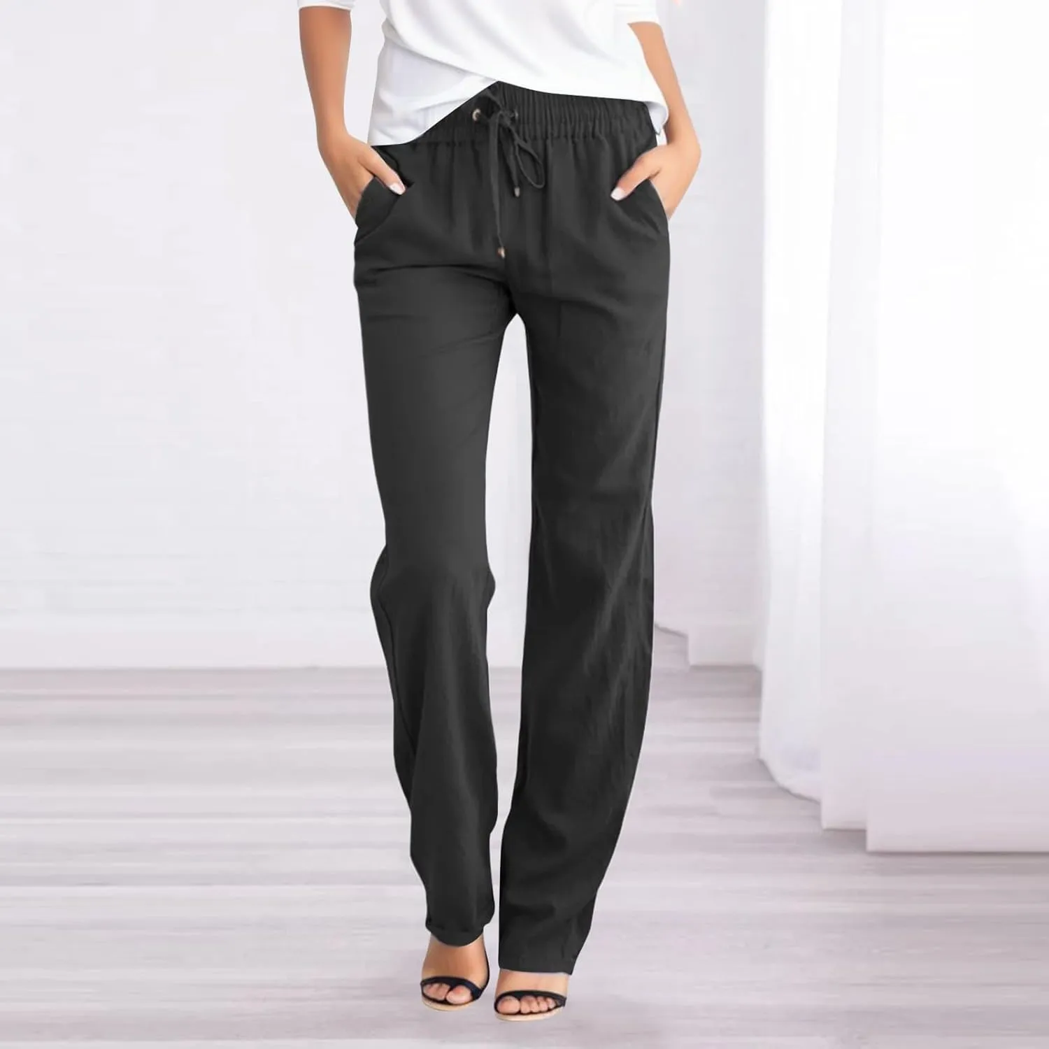 Women's Linen Summer Y2K Streetwear Pants Elastic Waisted Wide Leg Loose Fit Palazzo Pants Office