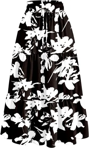 Women's Long Elastic High Waist Retro Pleated A-Line Flared Maxi Skirts