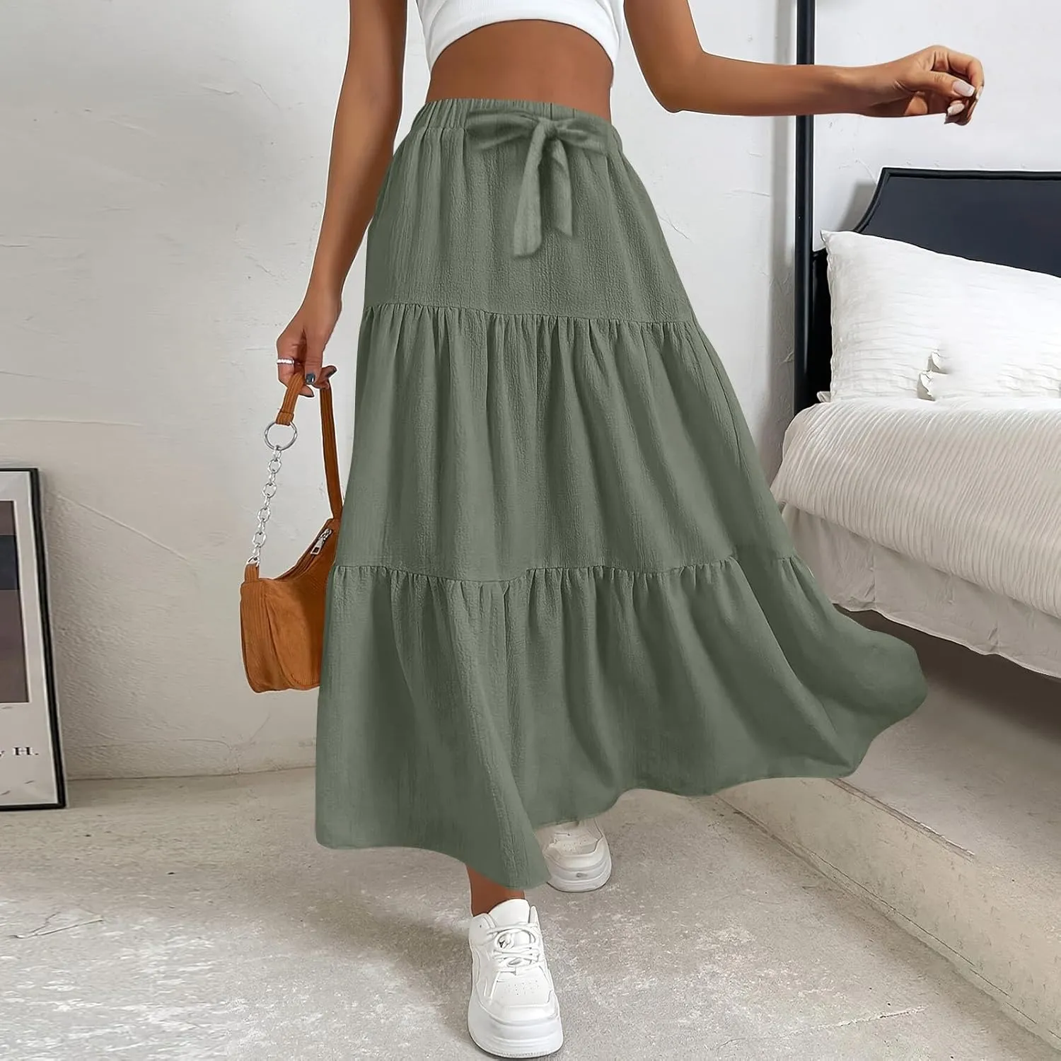Women's Long Elastic High Waist Retro Pleated A-Line Flared Maxi Skirts