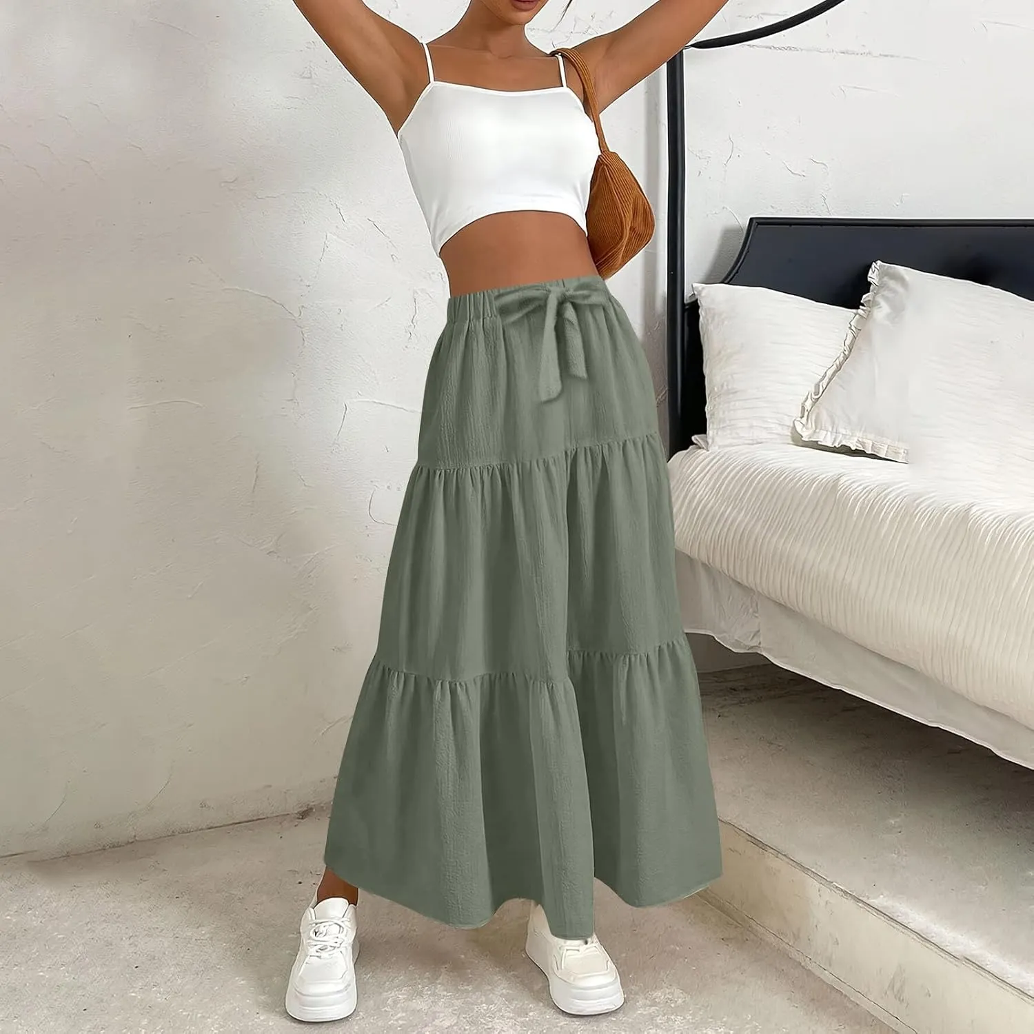 Women's Long Elastic High Waist Retro Pleated A-Line Flared Maxi Skirts