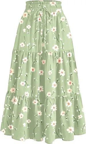 Women's Long Elastic High Waist Retro Pleated A-Line Flared Maxi Skirts