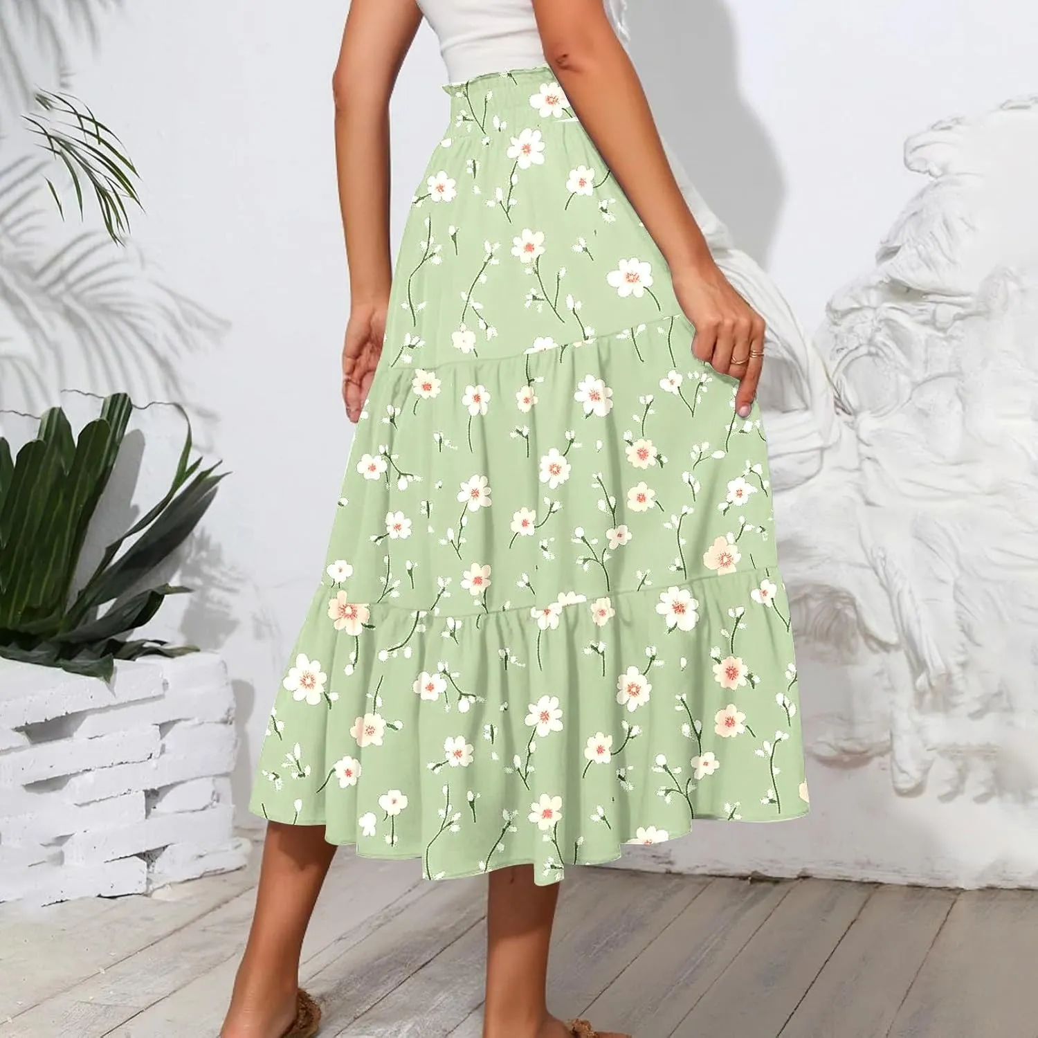 Women's Long Elastic High Waist Retro Pleated A-Line Flared Maxi Skirts