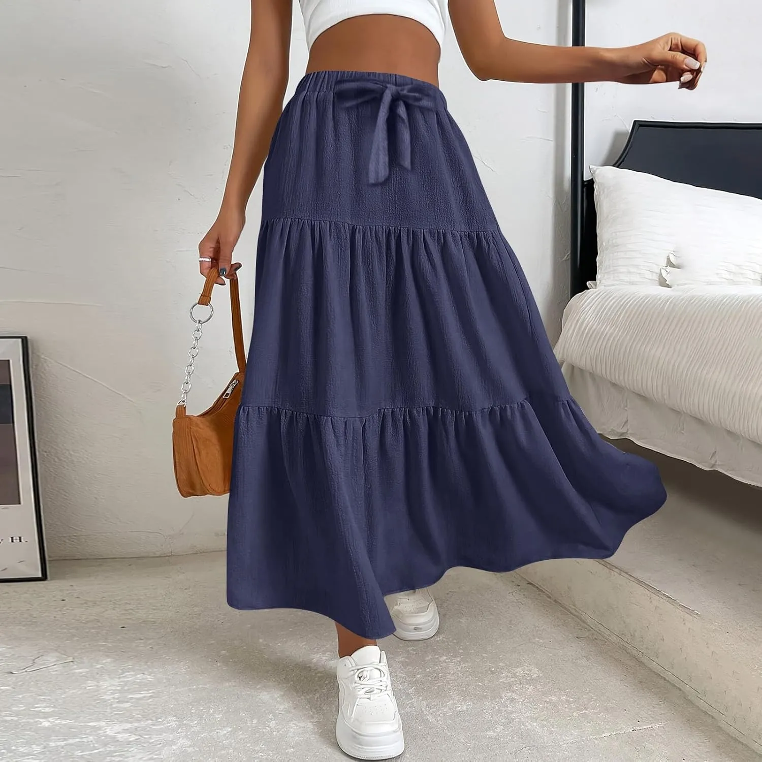 Women's Long Elastic High Waist Retro Pleated A-Line Flared Maxi Skirts