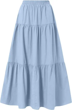 Women's Long Elastic High Waist Retro Pleated A-Line Flared Maxi Skirts