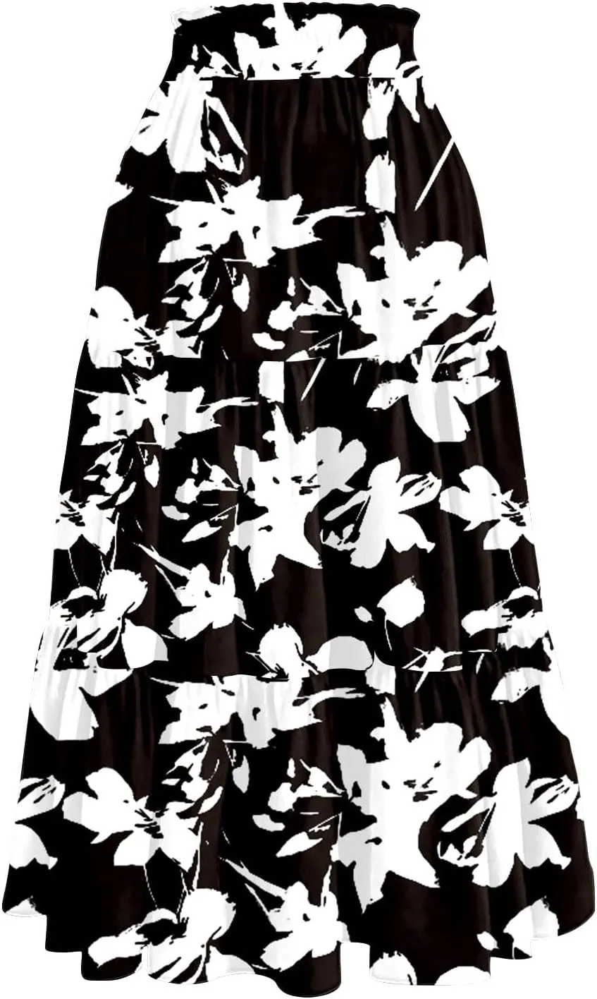 Women's Long Elastic High Waist Retro Pleated A-Line Flared Maxi Skirts
