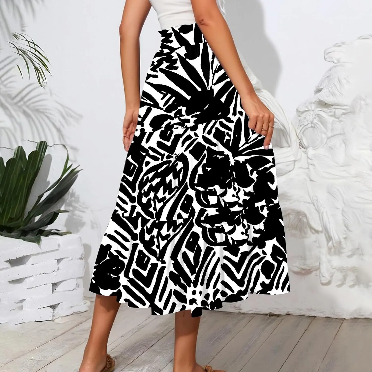 Women's Long Elastic High Waist Retro Pleated A-Line Flared Maxi Skirts