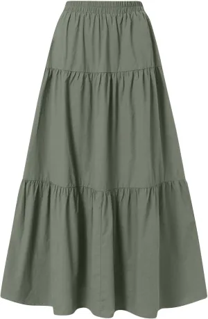 Women's Long Elastic High Waist Retro Pleated A-Line Flared Maxi Skirts
