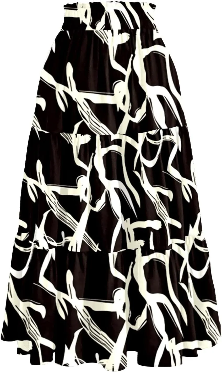 Women's Long Elastic High Waist Retro Pleated A-Line Flared Maxi Skirts