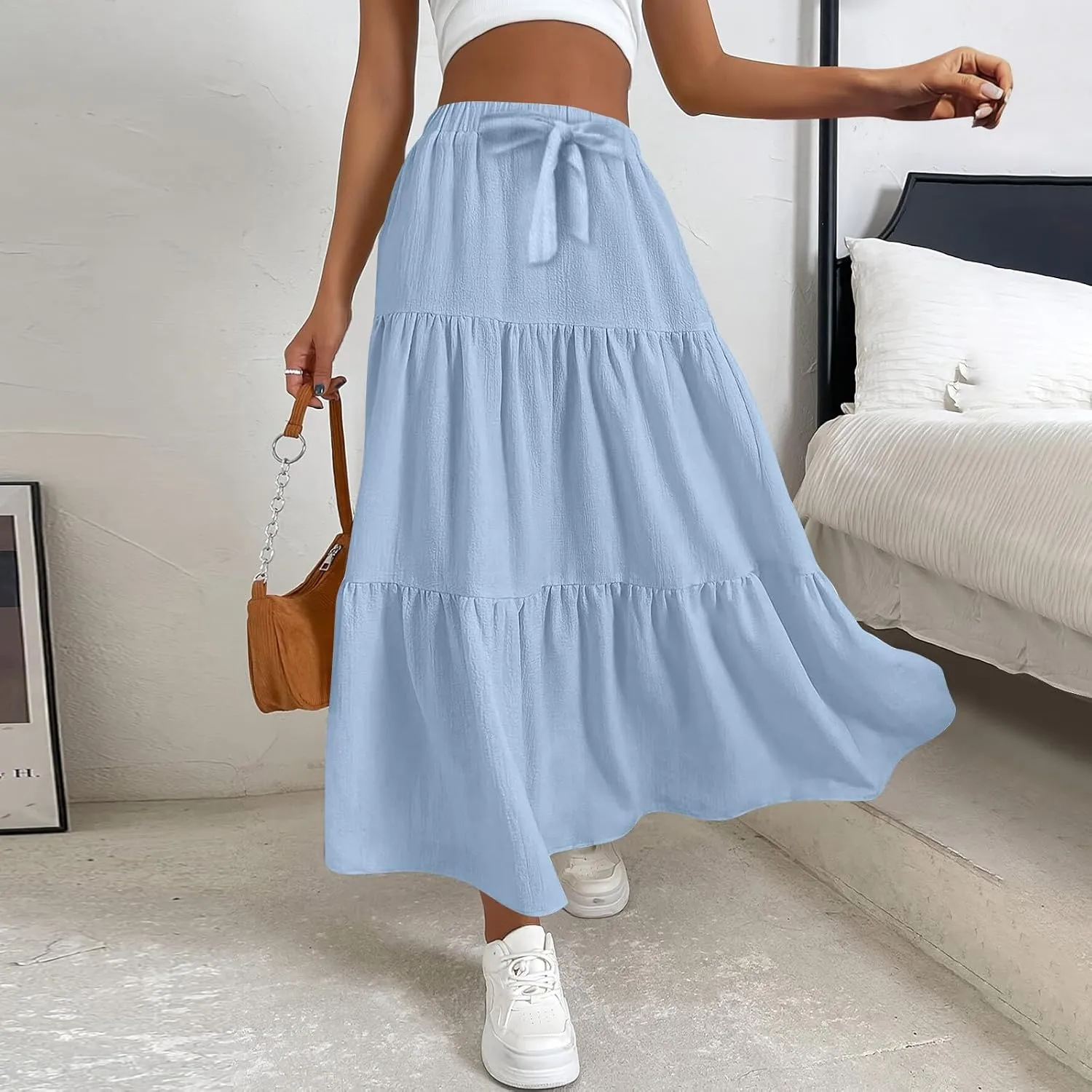 Women's Long Elastic High Waist Retro Pleated A-Line Flared Maxi Skirts