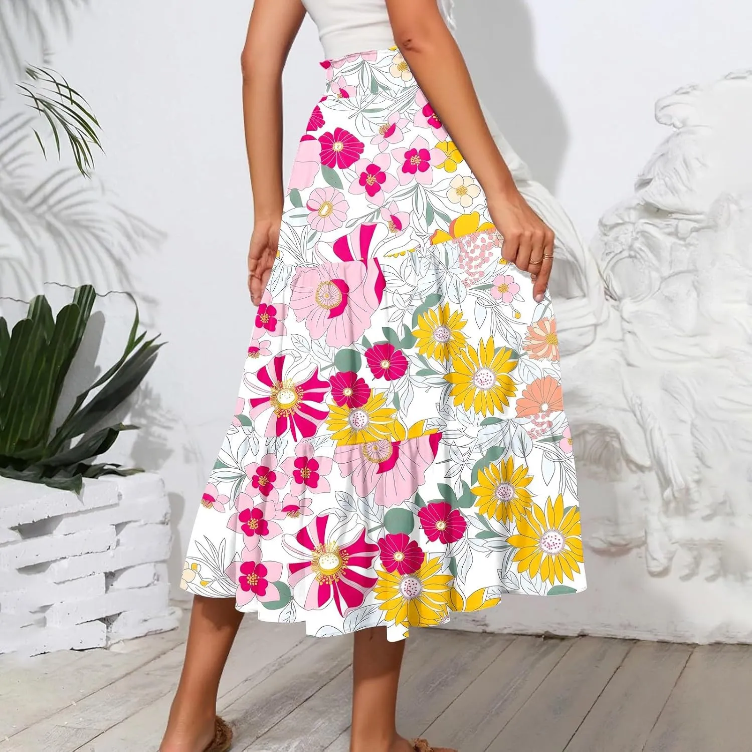 Women's Long Elastic High Waist Retro Pleated A-Line Flared Maxi Skirts