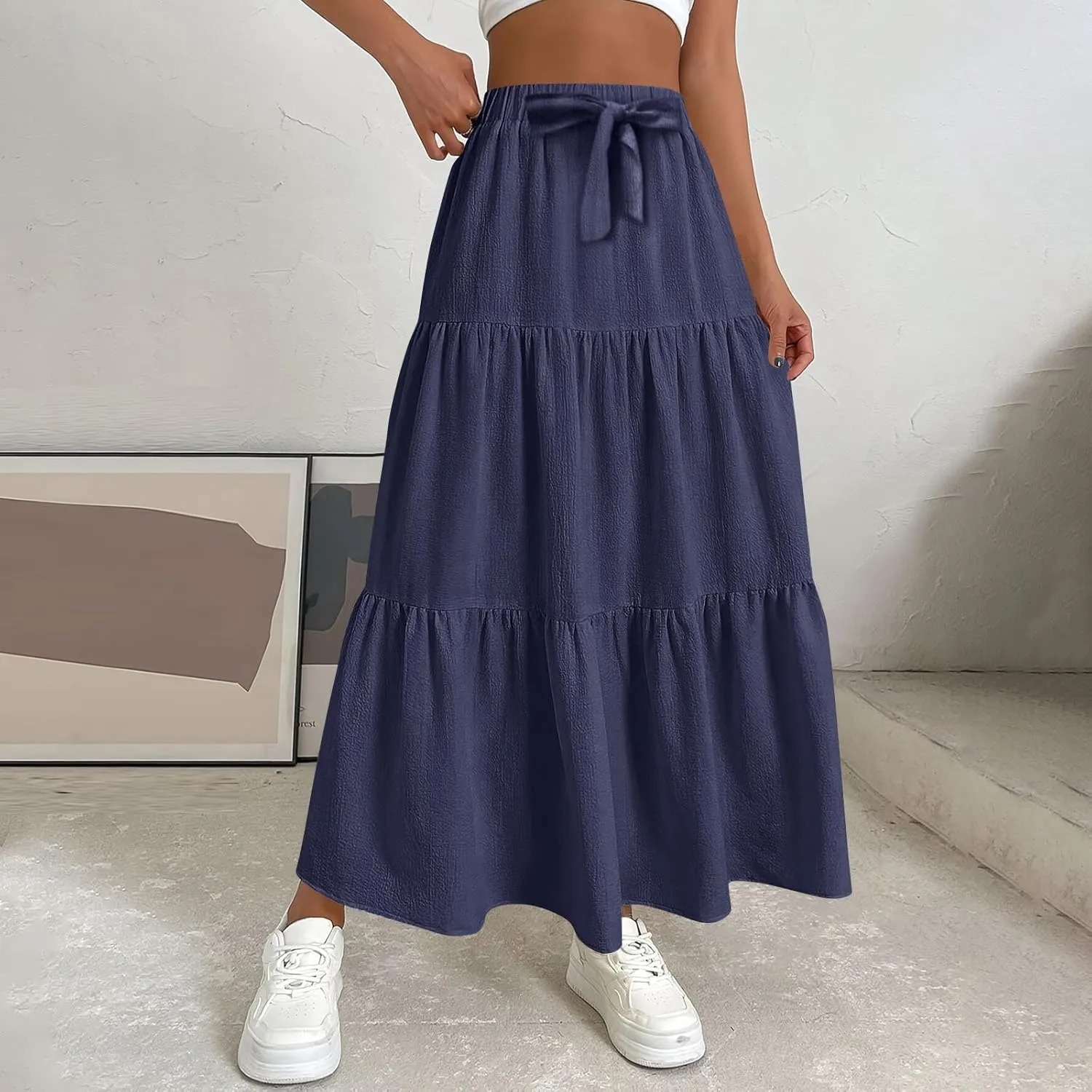 Women's Long Elastic High Waist Retro Pleated A-Line Flared Maxi Skirts