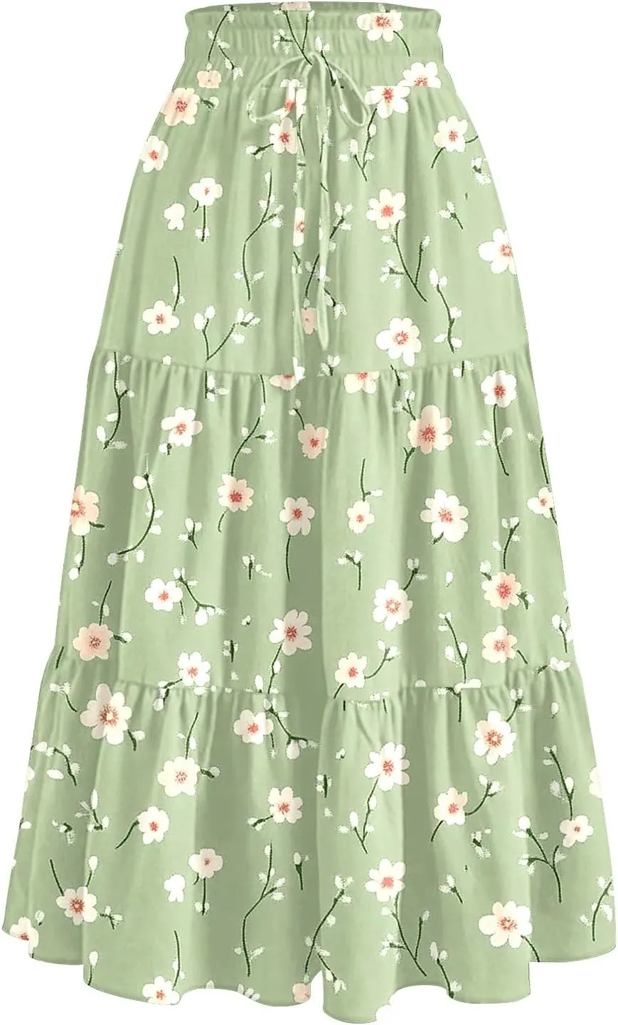 Women's Long Elastic High Waist Retro Pleated A-Line Flared Maxi Skirts